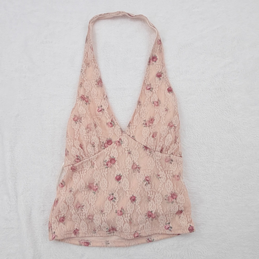 Mixed Threads Halter Top Womens Small Pink Excellent Floral Lace Y2K IT3285-HX74